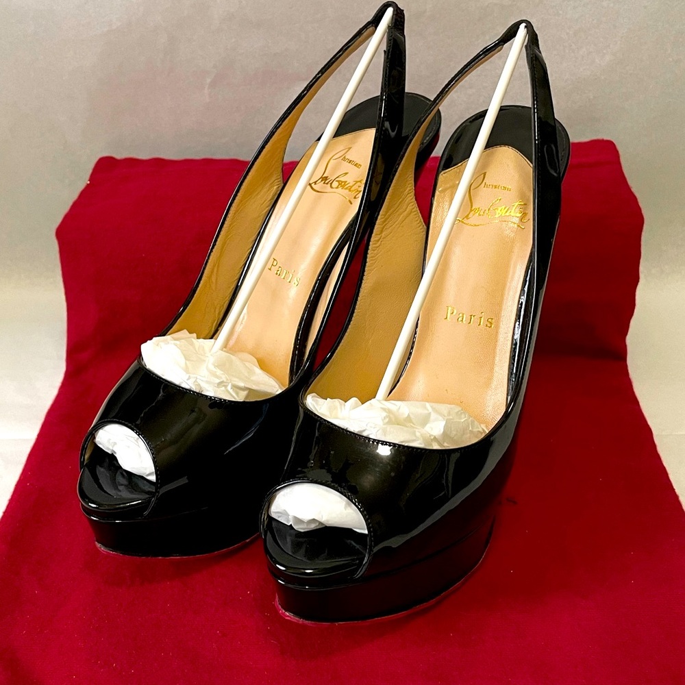 Christian Louboutin “Lady peep” sling peeptoe pumps 150mm Blk patent lthr EU37